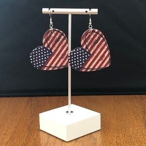 Faux Leather USA Flag Heart Shape Dangling Earrings NEW